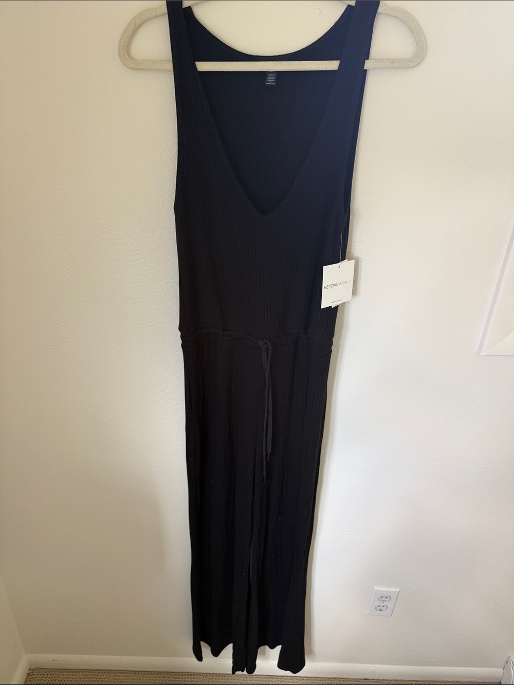 Beyond Yoga Black Ribbed V-Neck Sleeveless Jumpsuit with Drawstring Waist